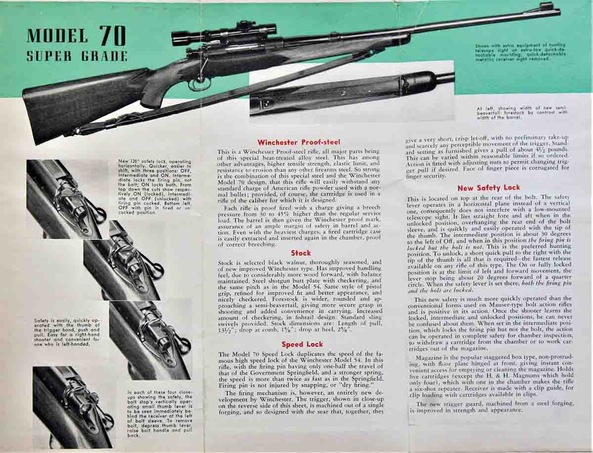 Winchester claimed the “New Safety Lock” was compatible with low-mounted scopes, but three noted gun writers of the day disagreed. It also had to be pulled “backward” to fire the rifle.